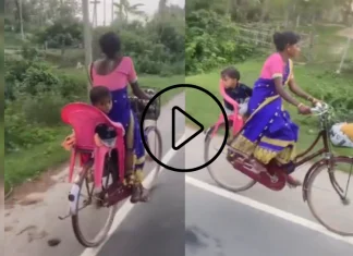 Desi Jugaad Maa Creates an Innovative Backseat on a Bicycle Using a Children’s Chair आईचा लेकरासाठी देशी जुगाड; तुमच्या कारमध्येही हे सुख मिळणार नाही, पाहा व्हिडीओ