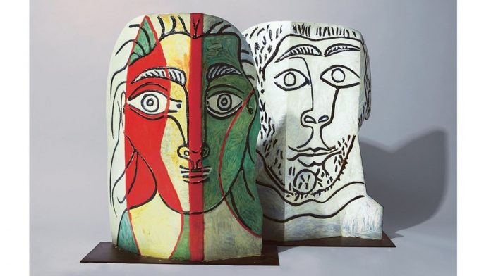 Tête de femme et tête d'homme barbu. Cannes 1961. Tôle découpée, pliée, peinte,