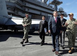 South Korea and US launch naval exercise | Current Asia | DW South Korea's defense minister with US military officials on the deck of the USS Ronald Reagan