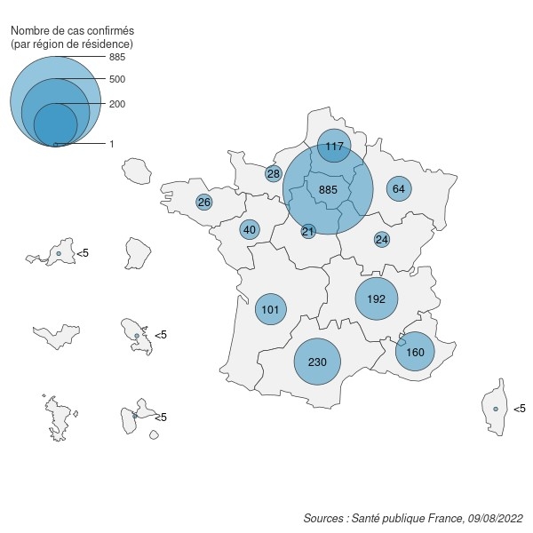 Figure 1. Confirmed monkeypox cases (n=1,892 cases) by region of residence, France, May-August 2022 (data as of 08/09/2022 – 12:00 p.m.)
