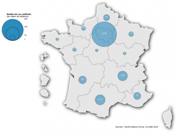 Figure 1. Confirmed cases of monkeypox (n=1,139 cases) by region of residence, France, May-July 2022 (data as of 07/19/2022 – 12:00 p.m.)