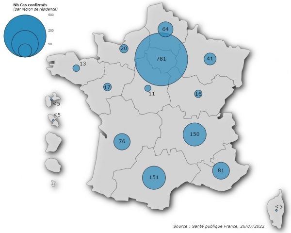 Figure 1. Confirmed cases of monkeypox (n=1,424 cases) by region of residence, France, May-July 2022 (data as of 07/26/2022 – 12:00 p.m.)