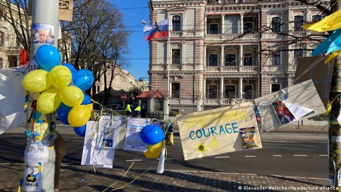 Latvia Riga protests in front of Russian Embassy